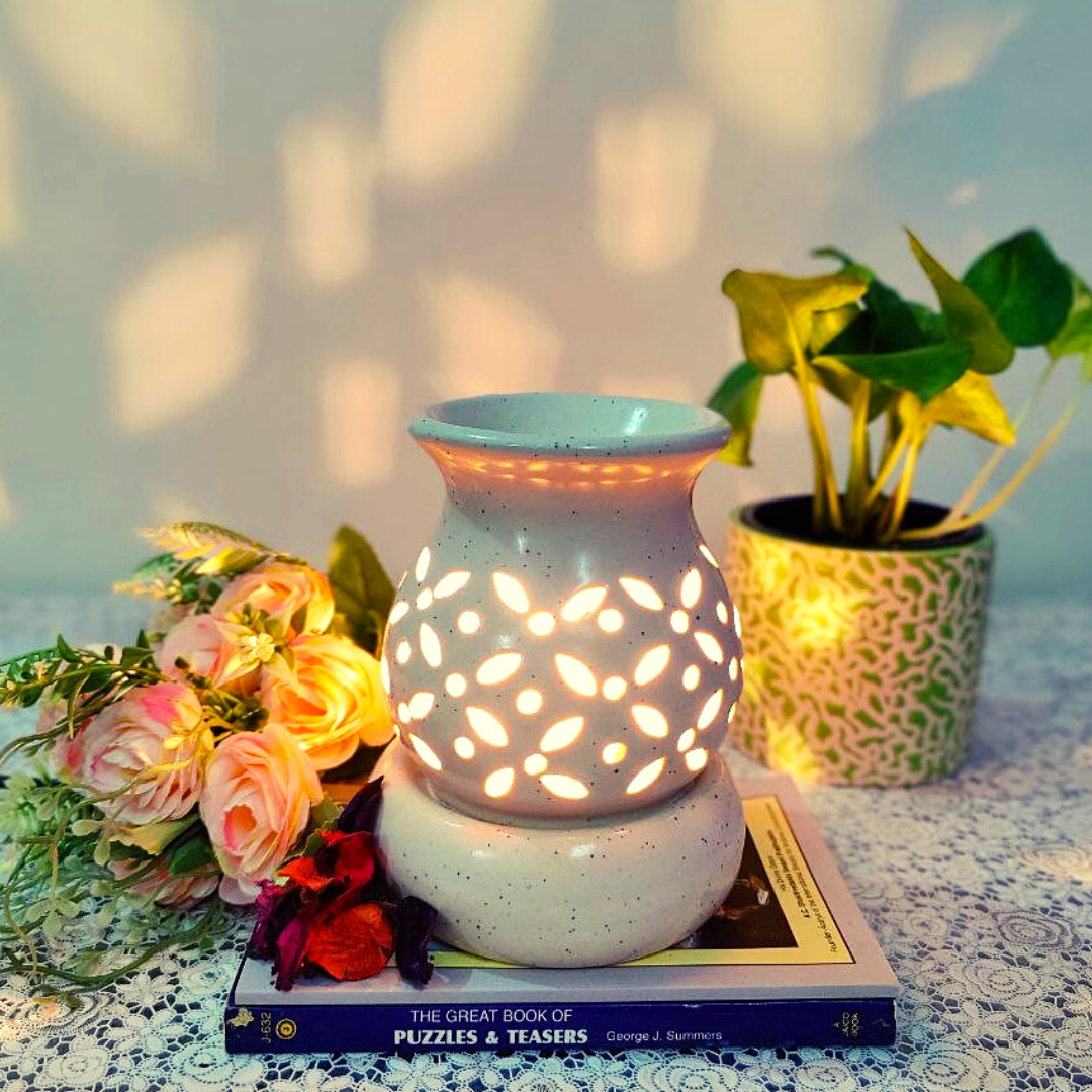 Homefrills Ceramic Electric Aroma Diffuser Oil Burner - Round Shape with 10 ML Lemongrass Aroma Oil for Home/Office air Freshener for Aromatherapy/Oil Burners Colour -White (Size-15*12*12 cm)